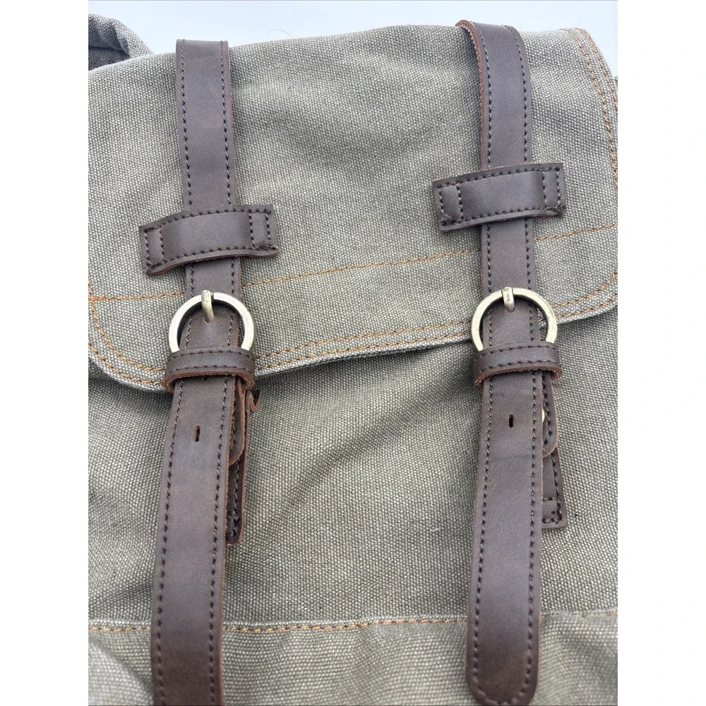 Bluboon VTG Canvas & Leather Army Green Rucksack Backpack Men's Bookbag Medium